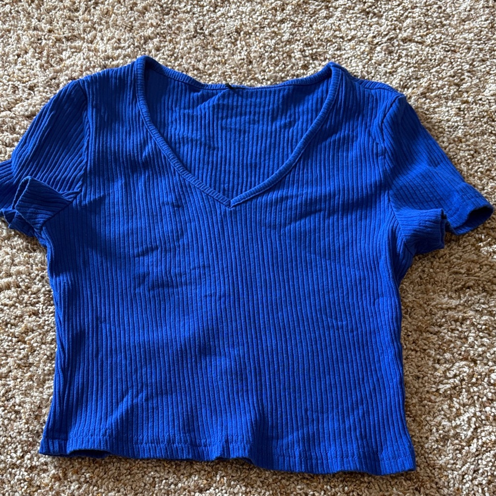 Blue Ribbed V-Neck Women's Top